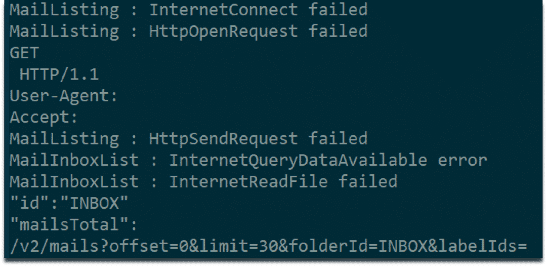 Strings indicating HTTP requests to online e-mail service